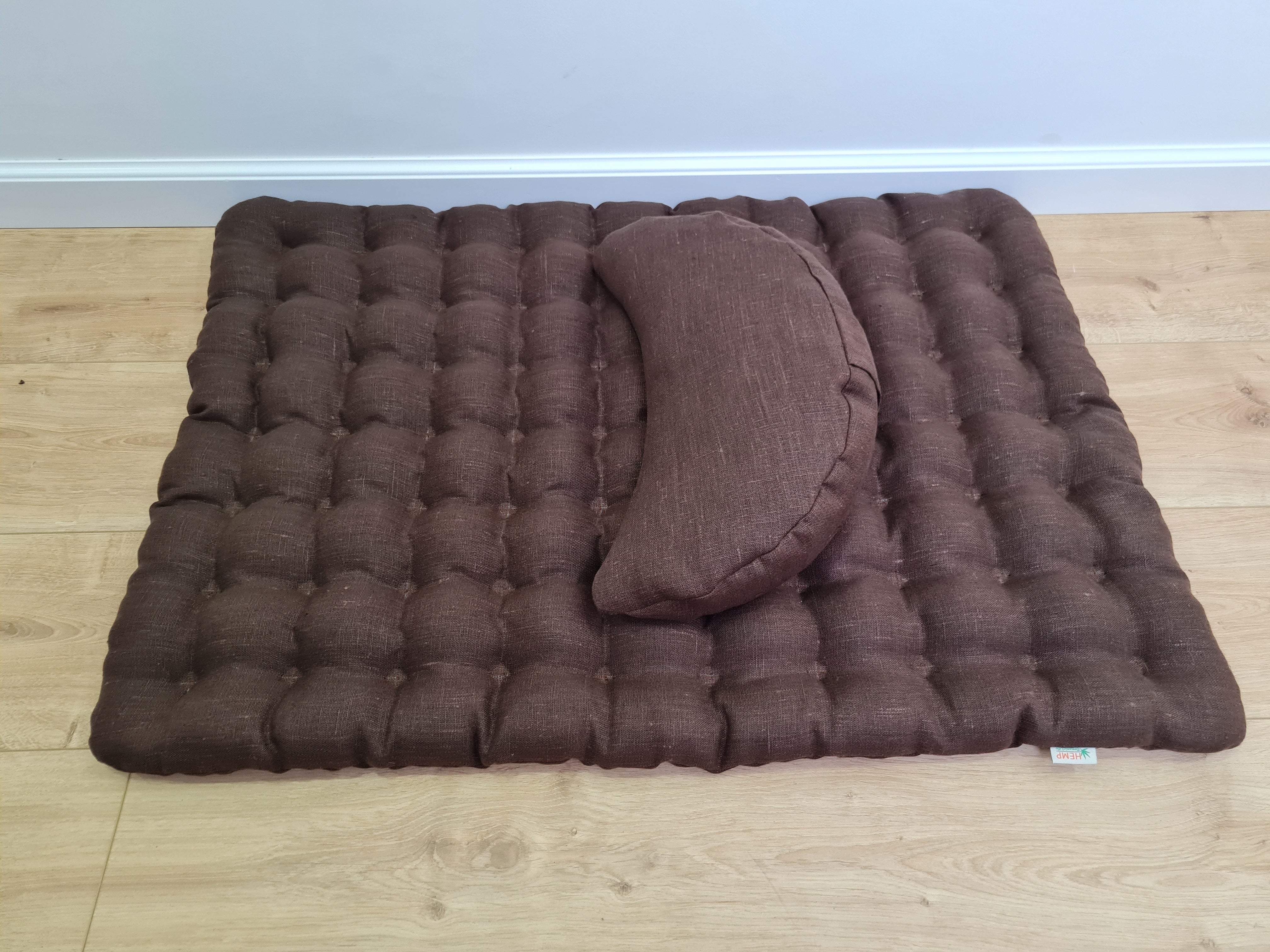 Set of linen meditation Crescent cushion + mat floor cushion 23" x 35" filled with buckwheat hulls