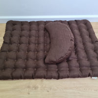 Set of linen meditation Crescent cushion + mat floor cushion 23" x 35" filled with buckwheat hulls