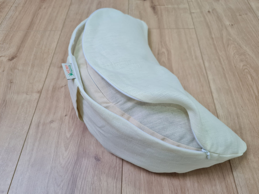 Linen meditation Cresсent cushion White filled with buckwheat hulls