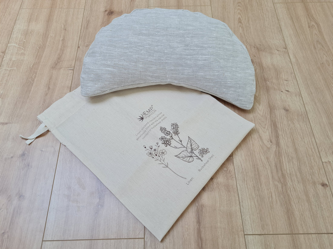 linen meditation Cresсent cushion filled with buckwheat hulls