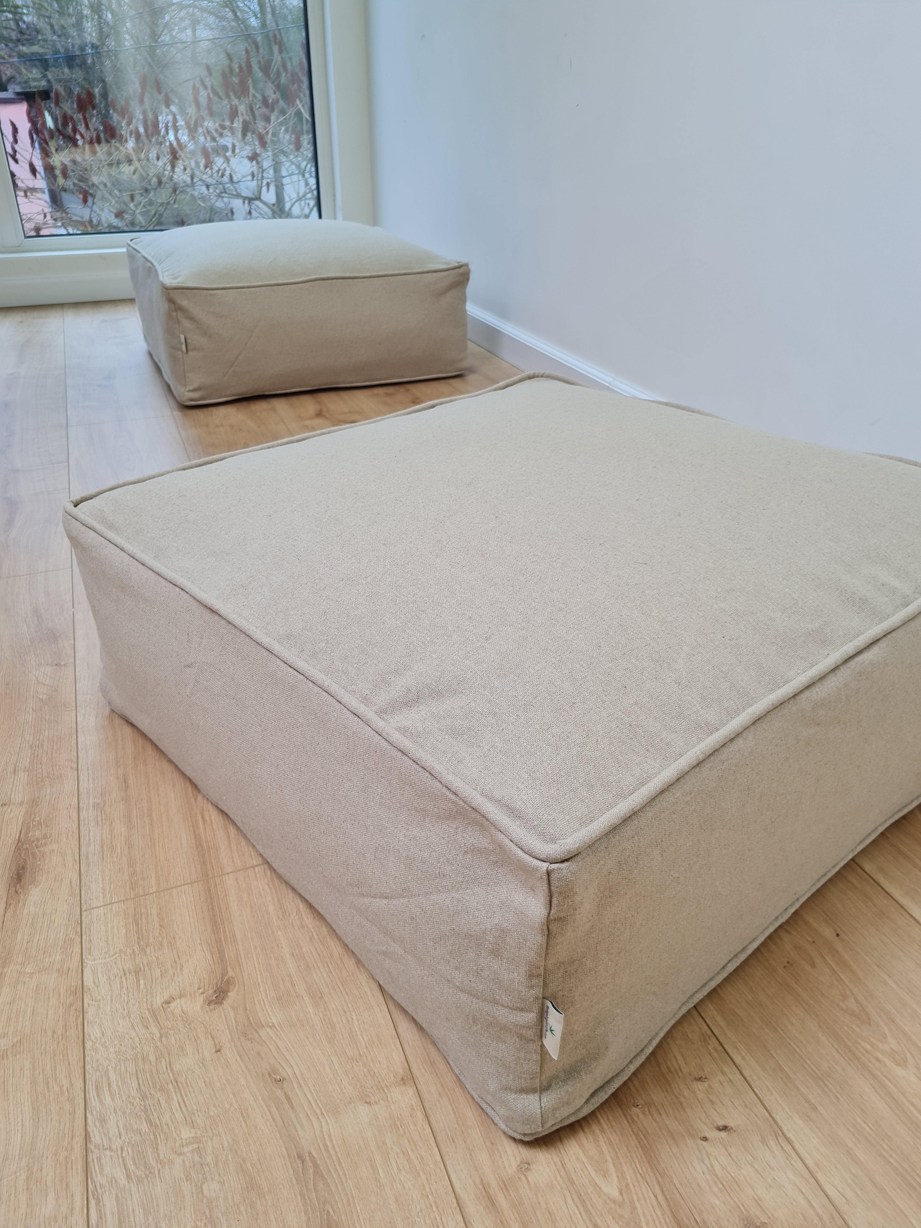 Unique HEMP Floor Cushion Marogan filled organic Hemp Fiber with removable Cover with zipper in natural linen fabric couch settee ottoman
