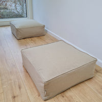 Unique HEMP Floor Cushion Marogan filled organic Hemp Fiber with removable Cover with zipper in natural linen fabric couch settee ottoman