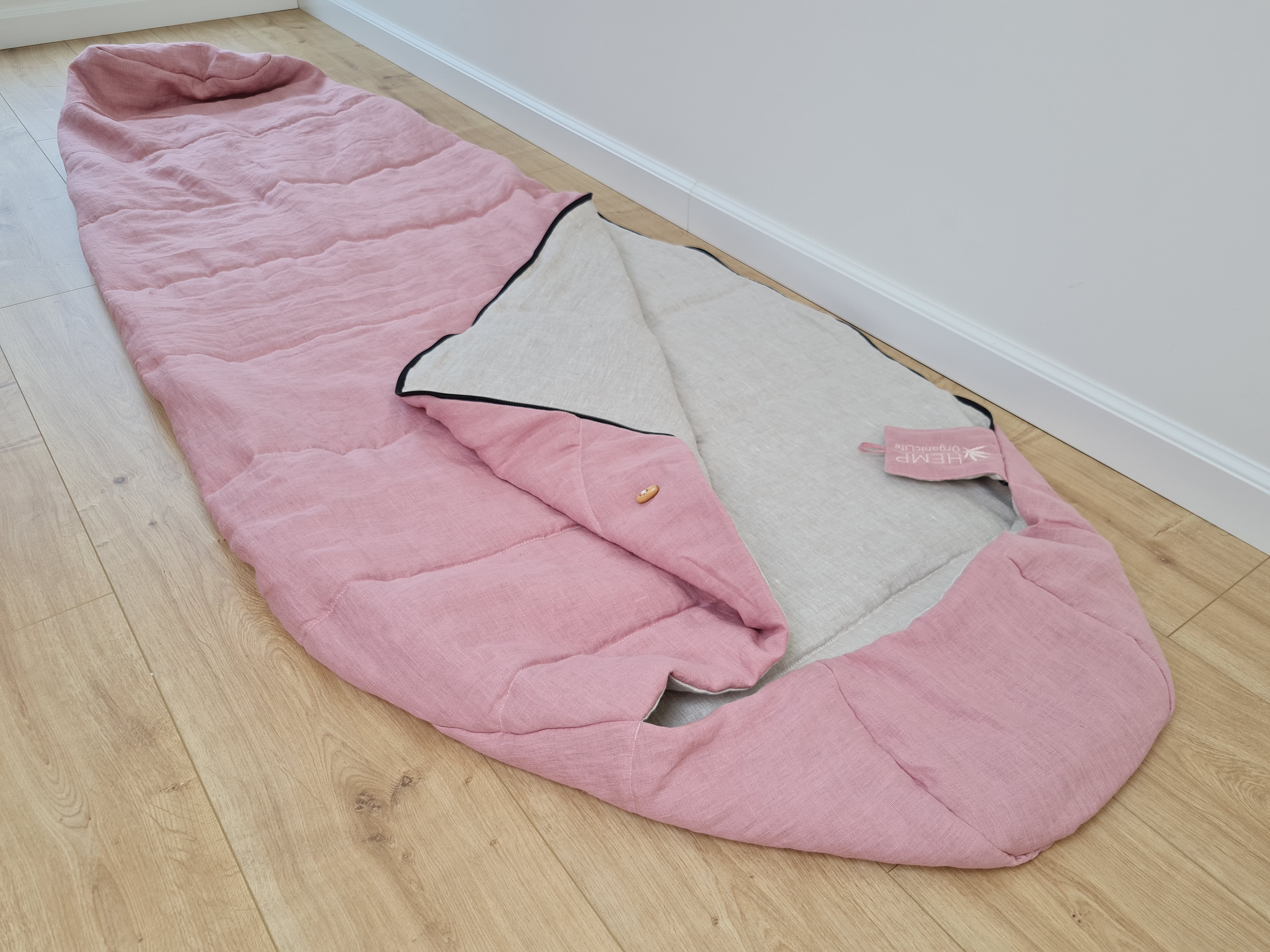 HEMP natural Sleeping bag with hood organic hemp fiber filling inside in linen non-dyed + pink fabric hand made