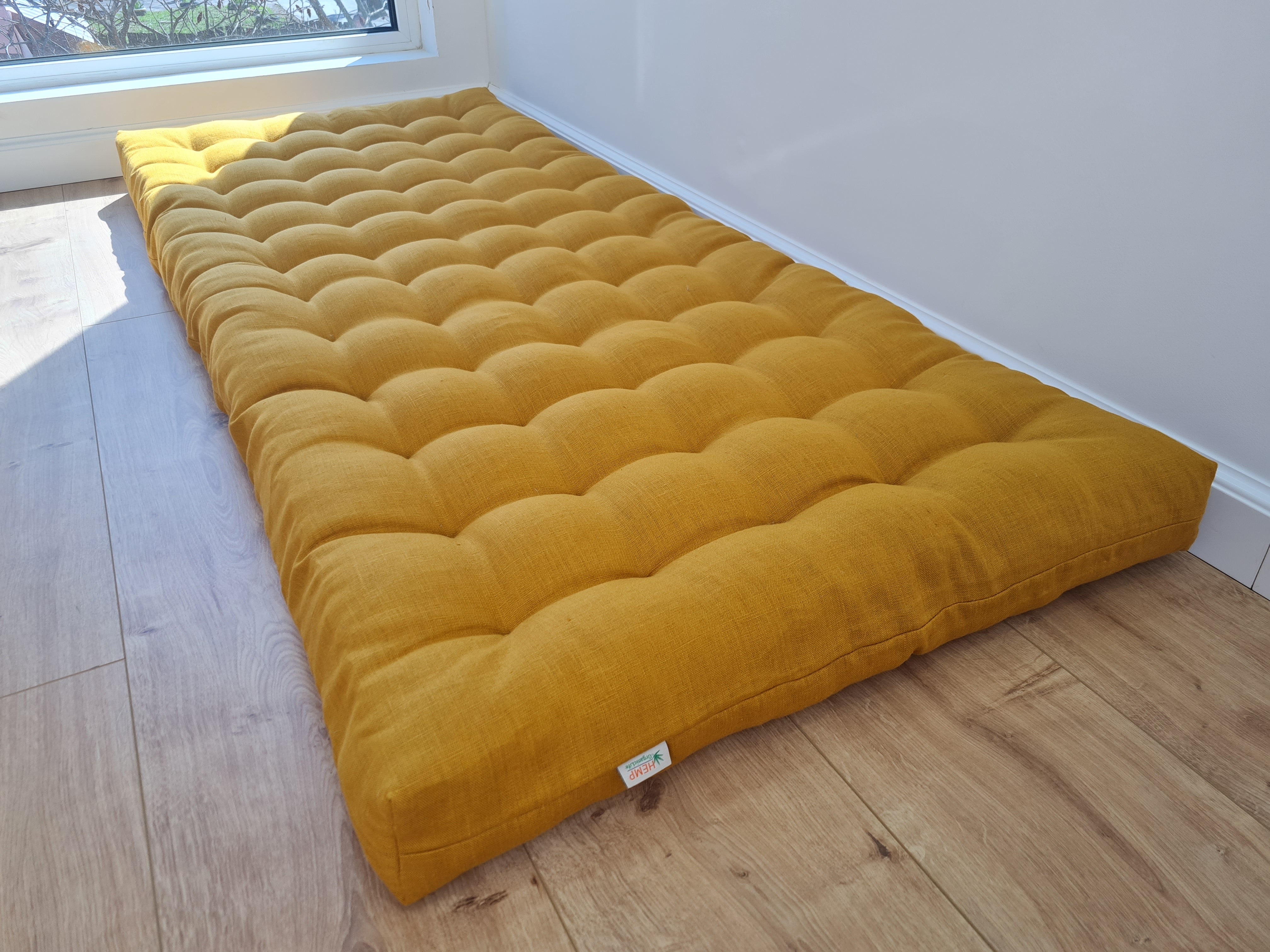Hemp Linen cushion mat with organic hemp fiber filling in natural non dyed linen fabric window bench cushion custom made