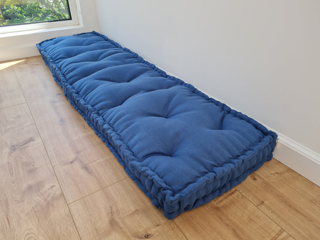 Hemp Custom madeWindow Mudroom Floor bench cushion filled organic hemp fiber in natural light blue linen fabric unique all natural pillow
