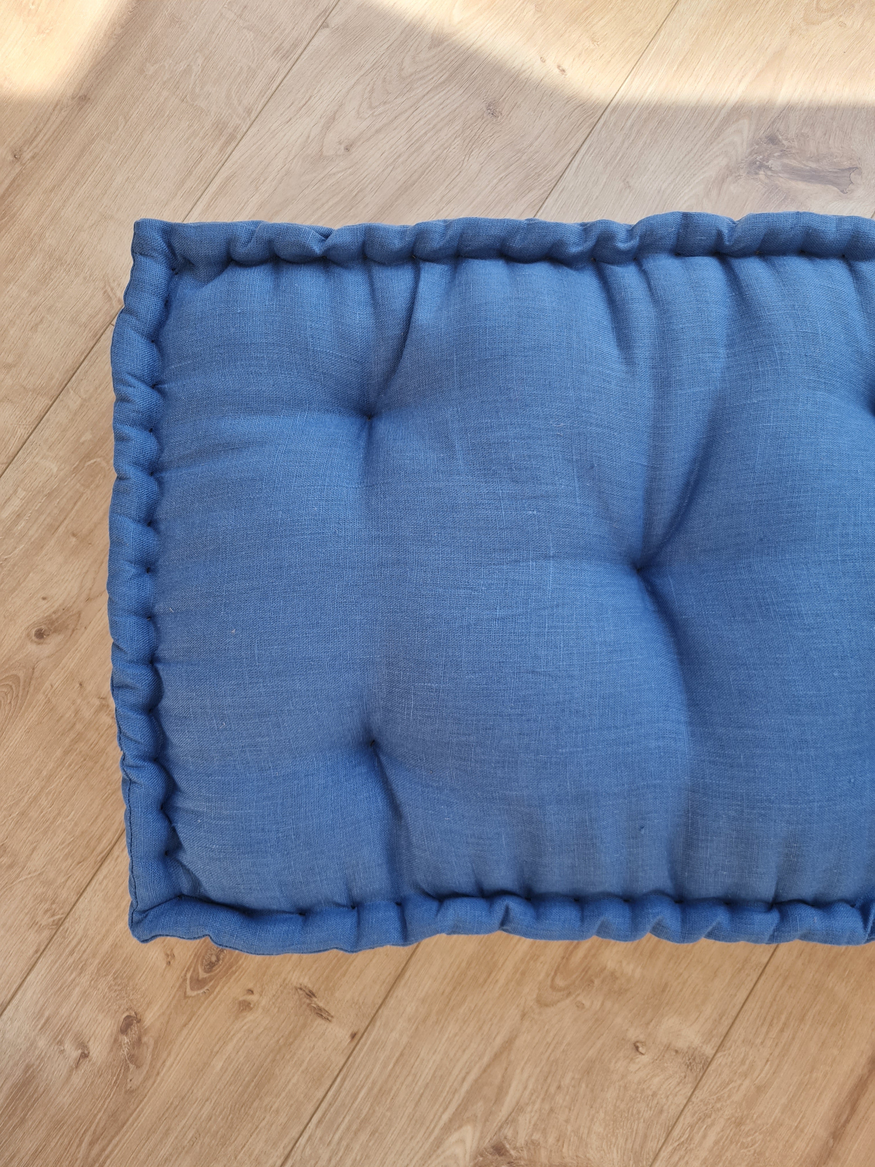 Hemp Custom madeWindow Mudroom Floor bench cushion filled organic hemp fiber in natural light blue linen fabric unique all natural pillow
