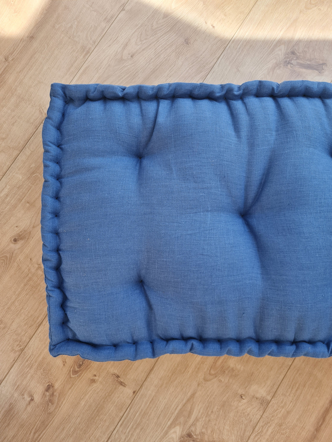 Hemp Custom madeWindow Mudroom Floor bench cushion filled organic hemp fiber in natural light blue linen fabric unique all natural pillow