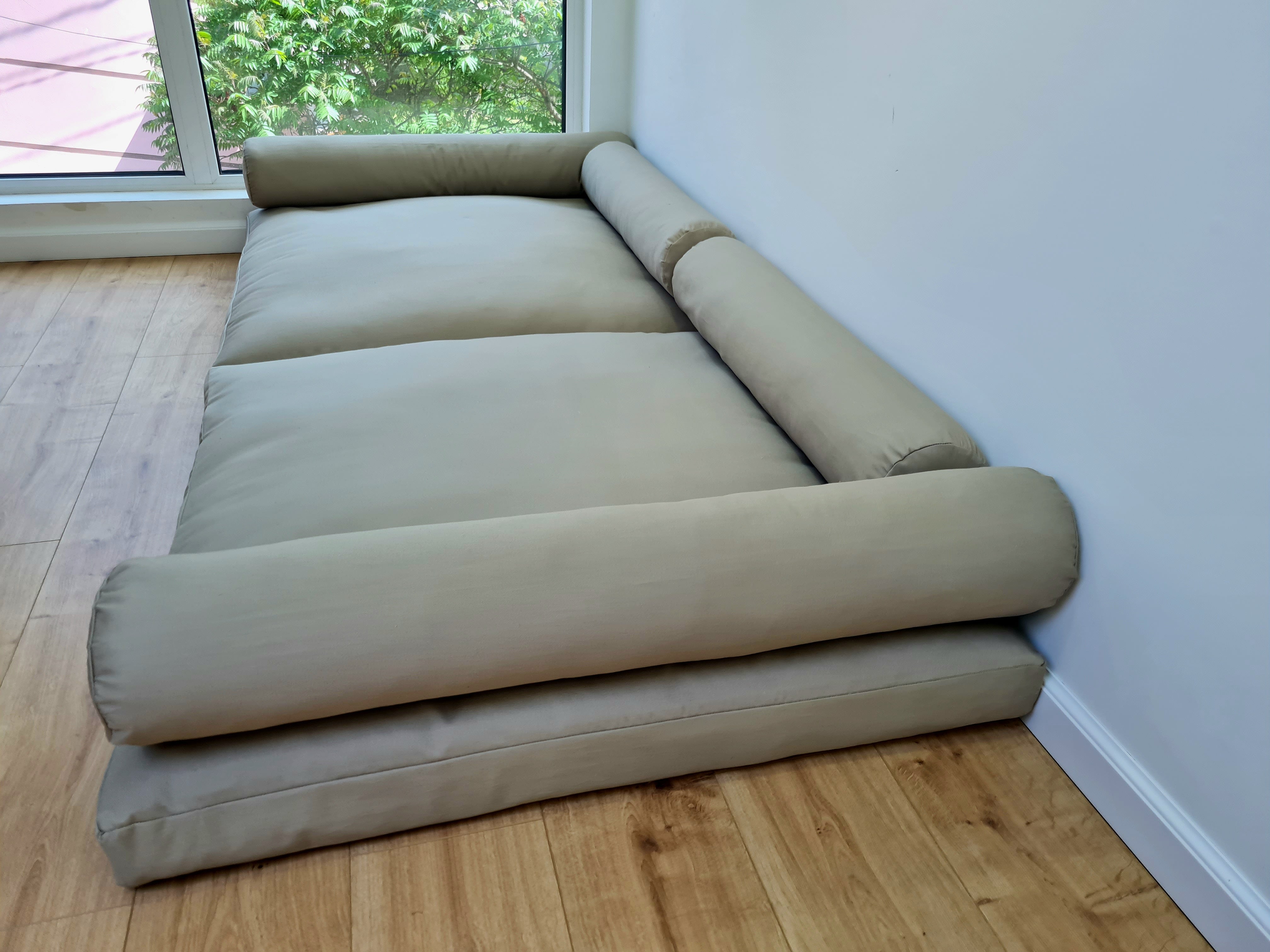 HEMP Custom made set of natural cushions for bench / floor seating: two 38"x38"x3" (97x97x8cm), with four bolsters