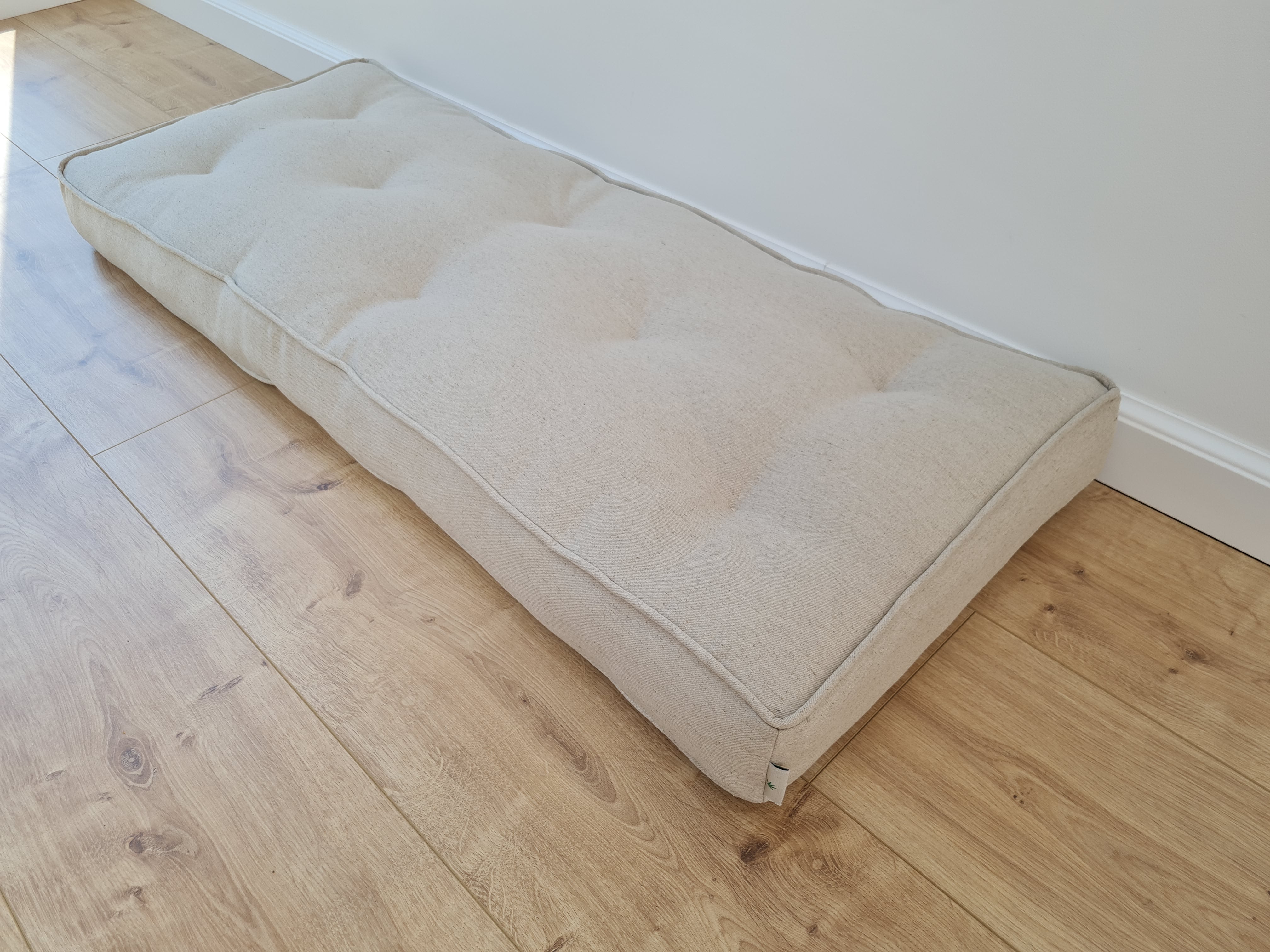 Hemp Custom made Window Mudroom Floor bench cushion with a lace filled organic hemp fiber in natural non-dyed linen fabric unique