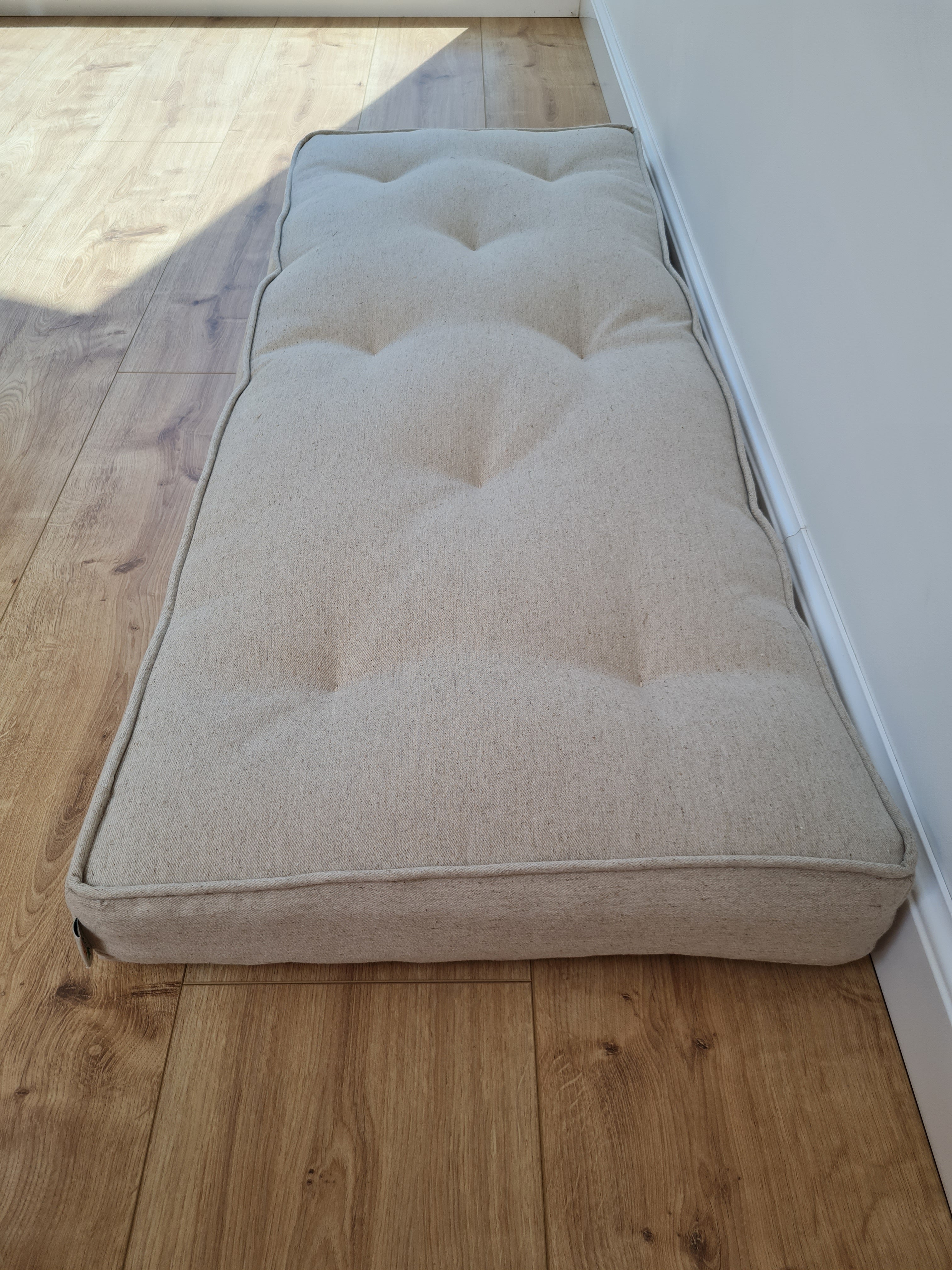 Hemp Custom made Window Mudroom Floor bench cushion with a lace filled organic hemp fiber in natural non-dyed linen fabric unique