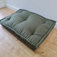 Hemp Custom made Window Mudroom Floor bench cushion filled organic hemp fiber in natural olive green linen fabric unique all natural pillow