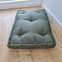 Hemp Custom made Window Mudroom Floor bench cushion filled organic hemp fiber in natural olive green linen fabric unique all natural pillow