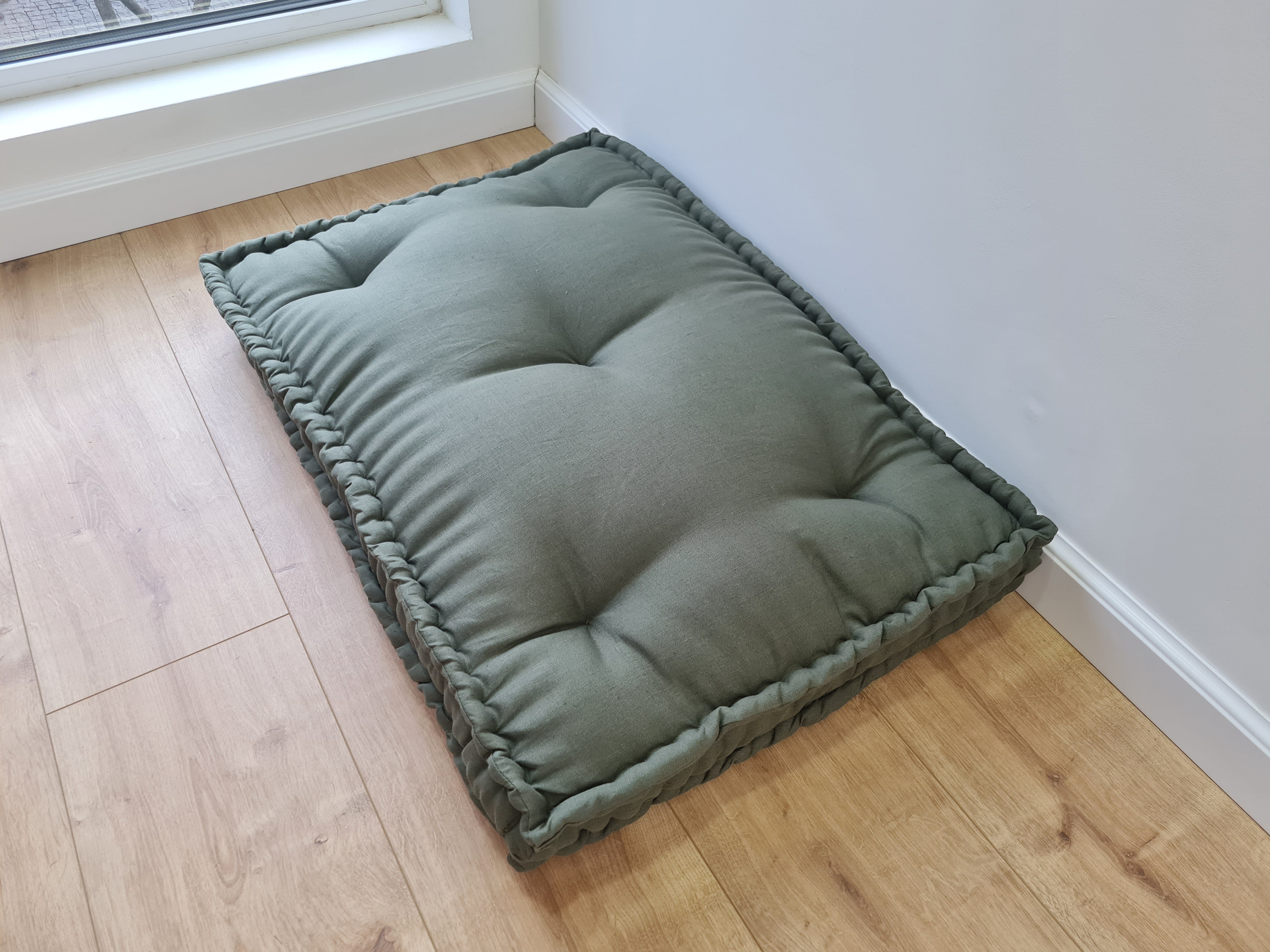 Hemp Custom made Window Mudroom Floor bench cushion filled organic hemp fiber in natural olive green linen fabric unique all natural pillow