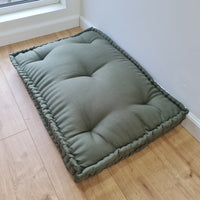 Hemp Custom made Window Mudroom Floor bench cushion filled organic hemp fiber in natural olive green linen fabric unique all natural pillow