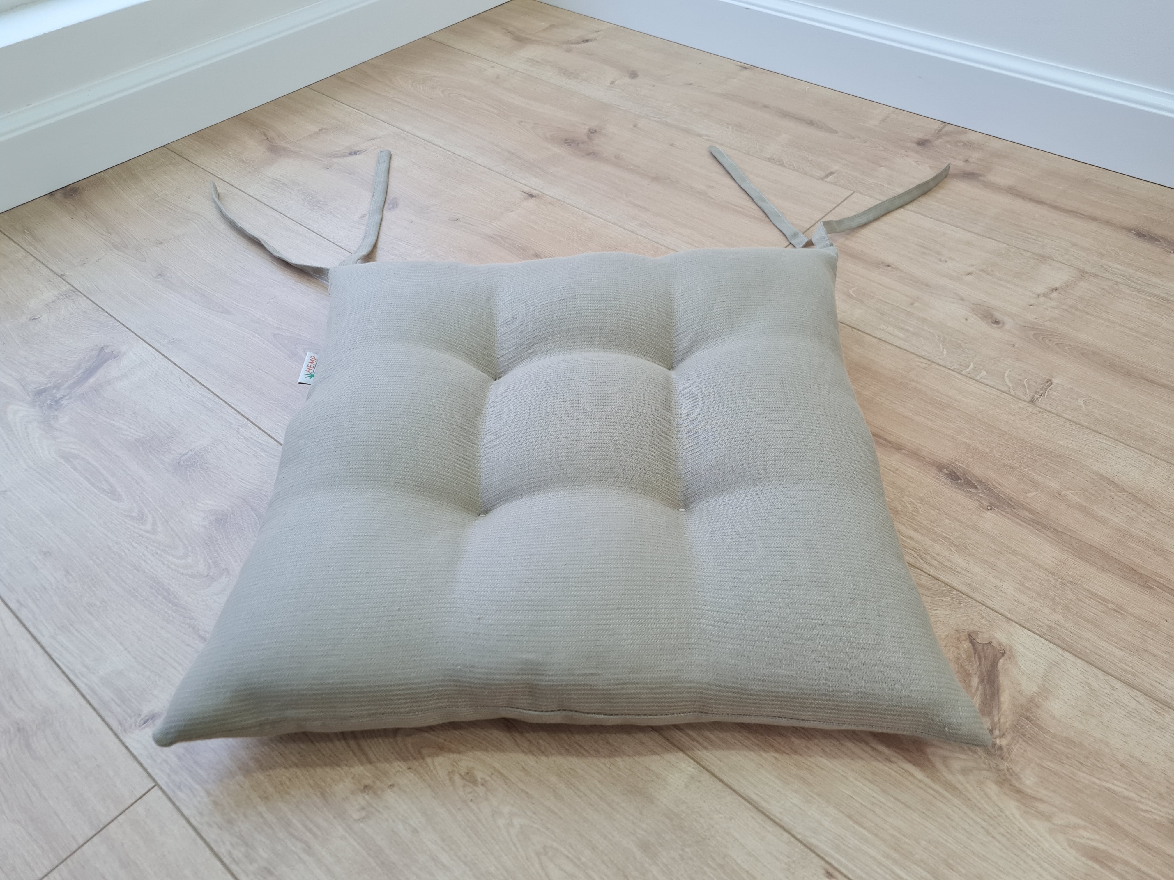 Hemp Linen seat cushion in Stripe for chair with ties filled organic hemp fiber in Natural Linen fabric in Stripe Chair Cushion Pillow seat