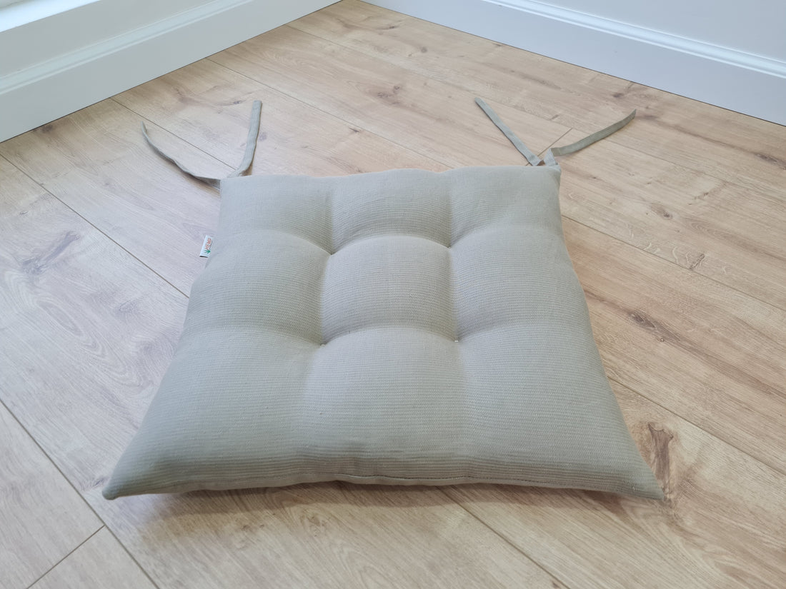 Hemp Linen seat cushion in Stripe for chair with ties filled organic hemp fiber in Natural Linen fabric in Stripe Chair Cushion Pillow seat