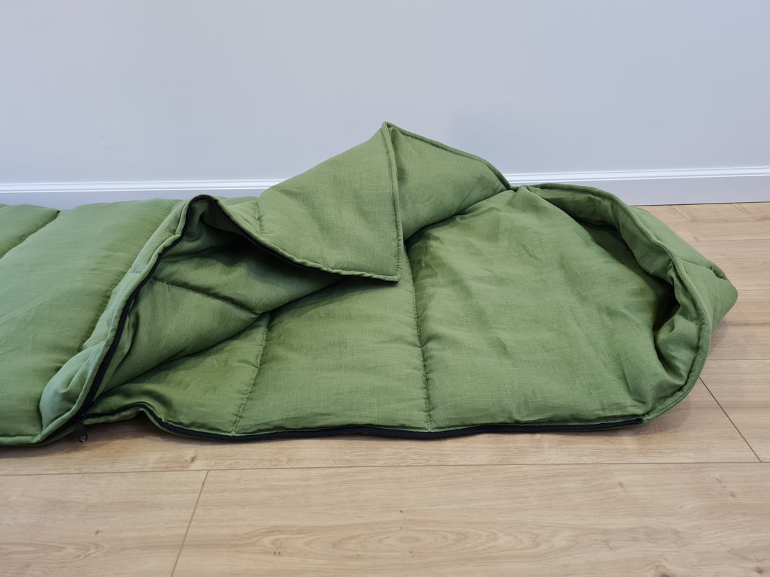 Natural Kids HEMP Linen Sleeping Bag with Hood School Nap mat for Kids, camping van sleeping bag organic hemp fiber filling