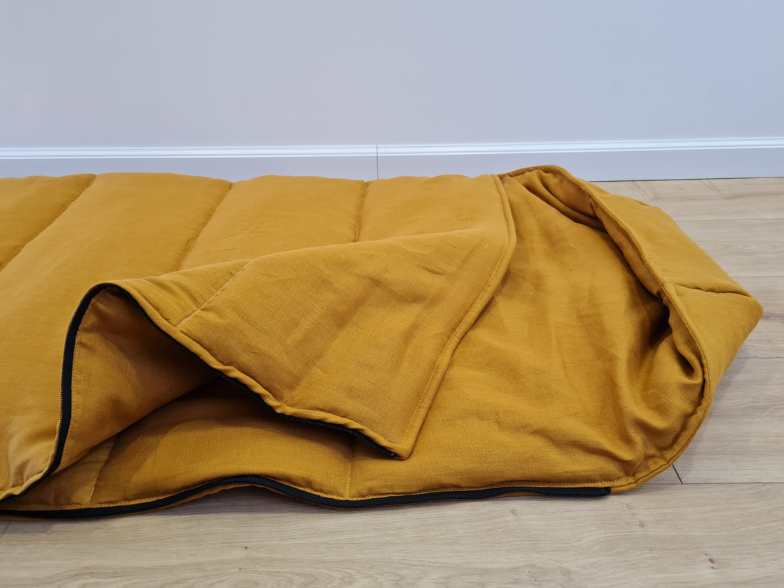 Natural Kids HEMP Linen Sleeping Bag with Hood School Nap mat for Kids, camping van sleeping bag organic hemp fiber filling