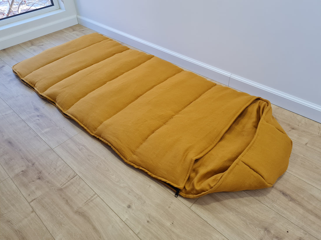 Natural Kids HEMP Linen Sleeping Bag with Hood School Nap mat for Kids, camping van sleeping bag organic hemp fiber filling