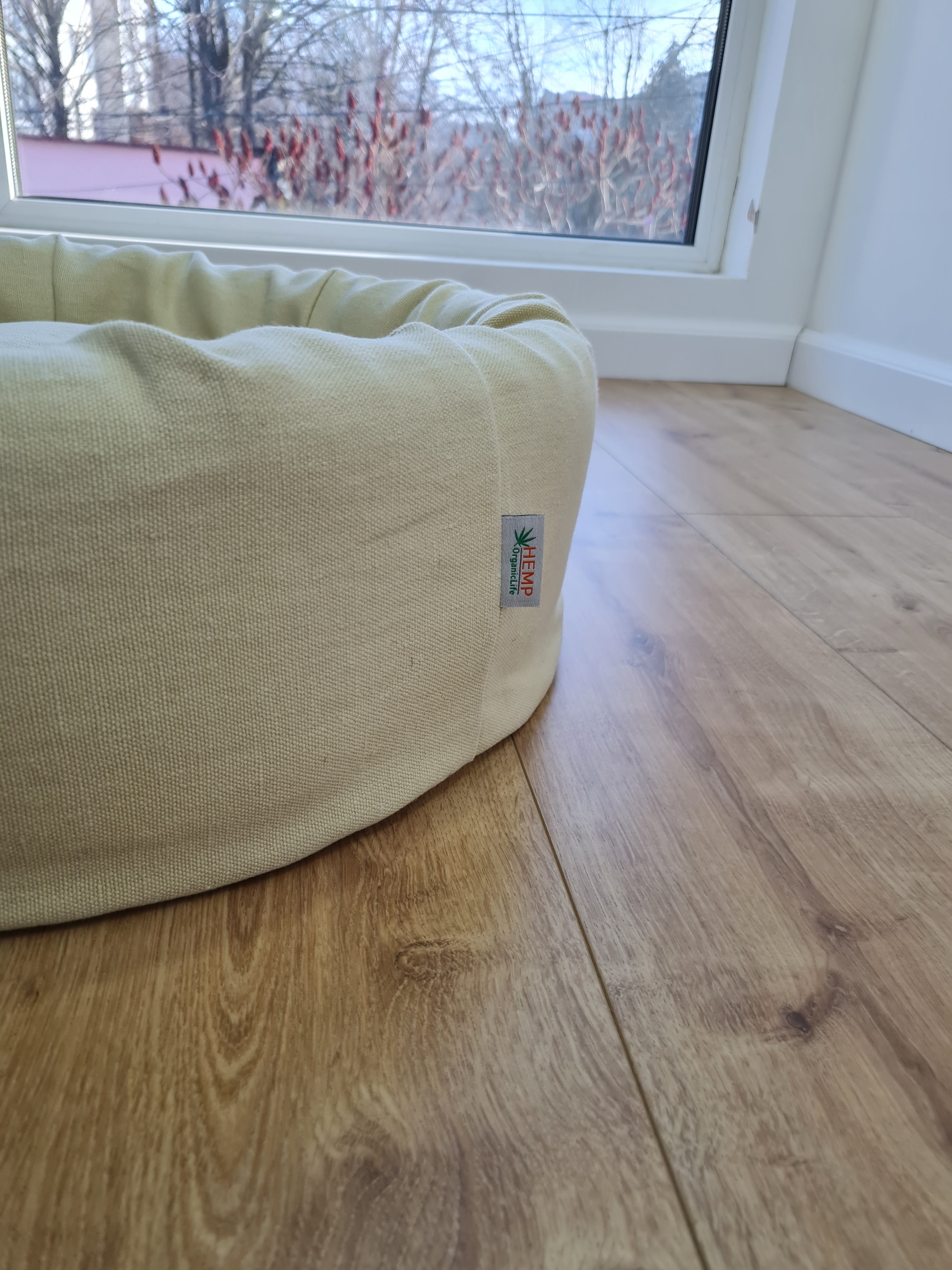 Unique Round Hemp Linen Pet Bed Cot with Removable Washable Natural light yellow Linen Cover Filled Organic Hemp Fiber eco-friendly Gift