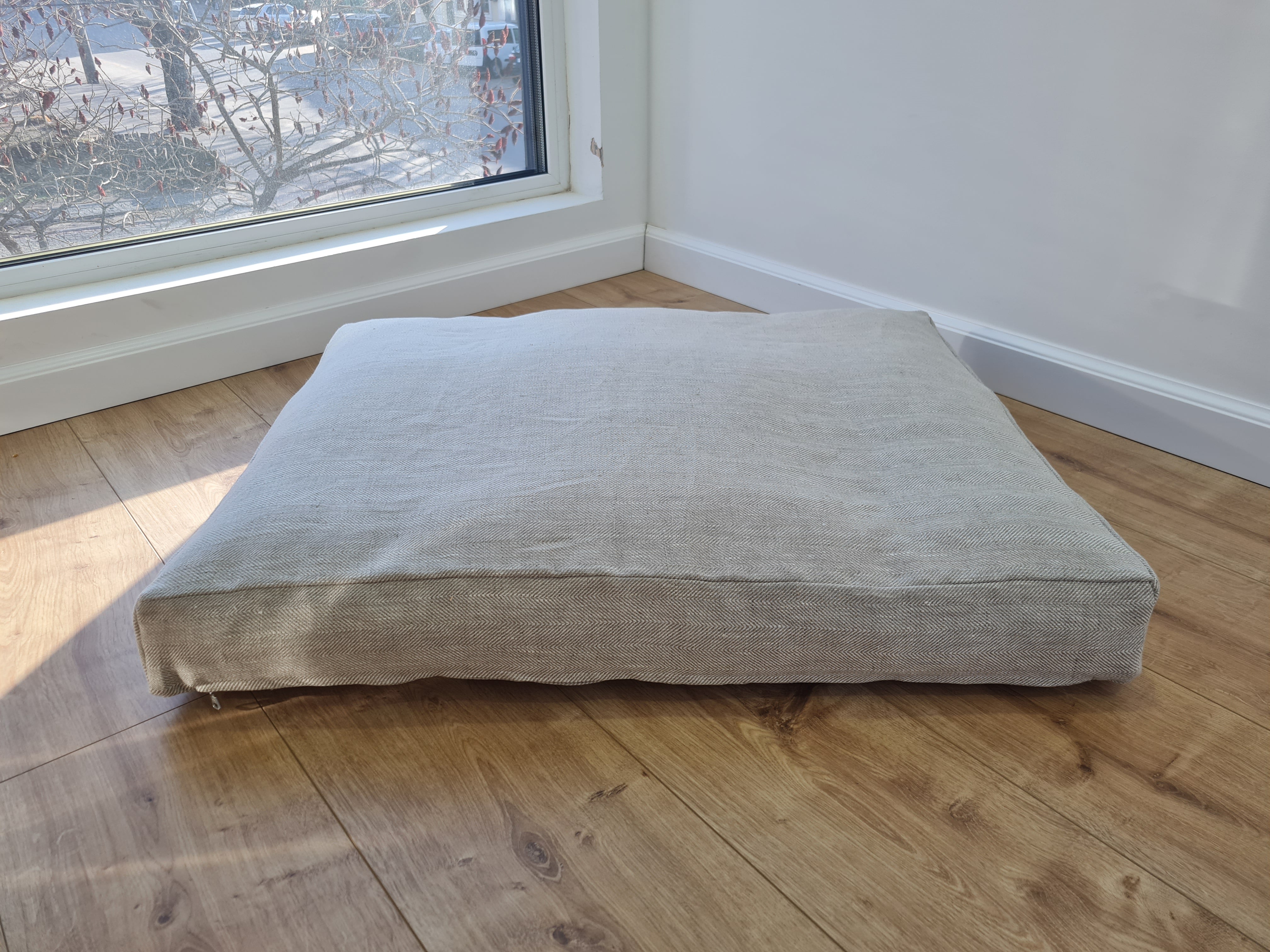 Natural Hemp Linen Pet Mat Pad Cushion with Removable non-dyed grey Linen Cover organic hemp fiber filler in non-dyed linen fabric