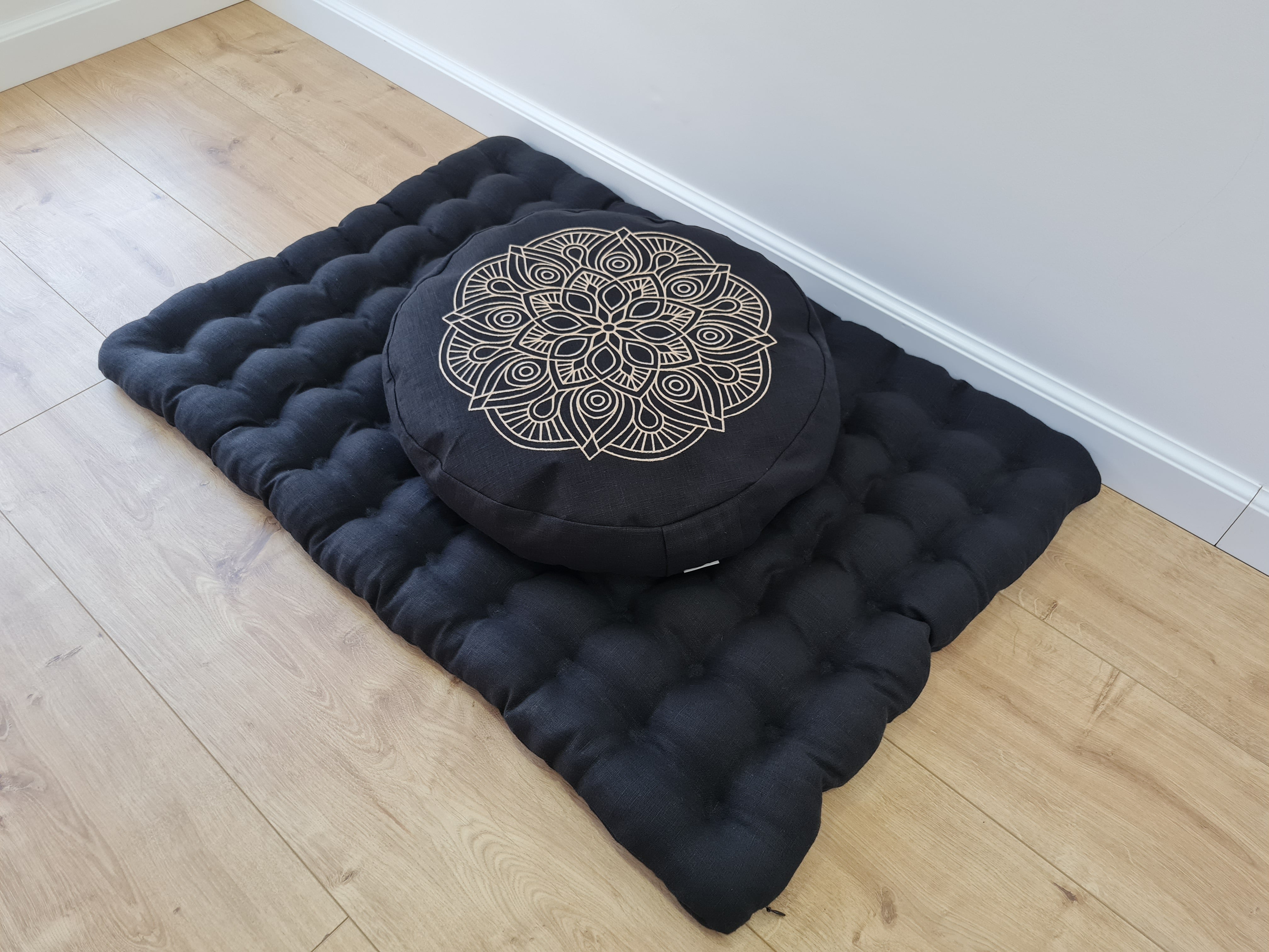 Embroidery Meditation Set Zafu & Zabuton with Buckwheat hulls Mandala Linen Floor cushions Meditation pillow pouf PillowSeat Yoga