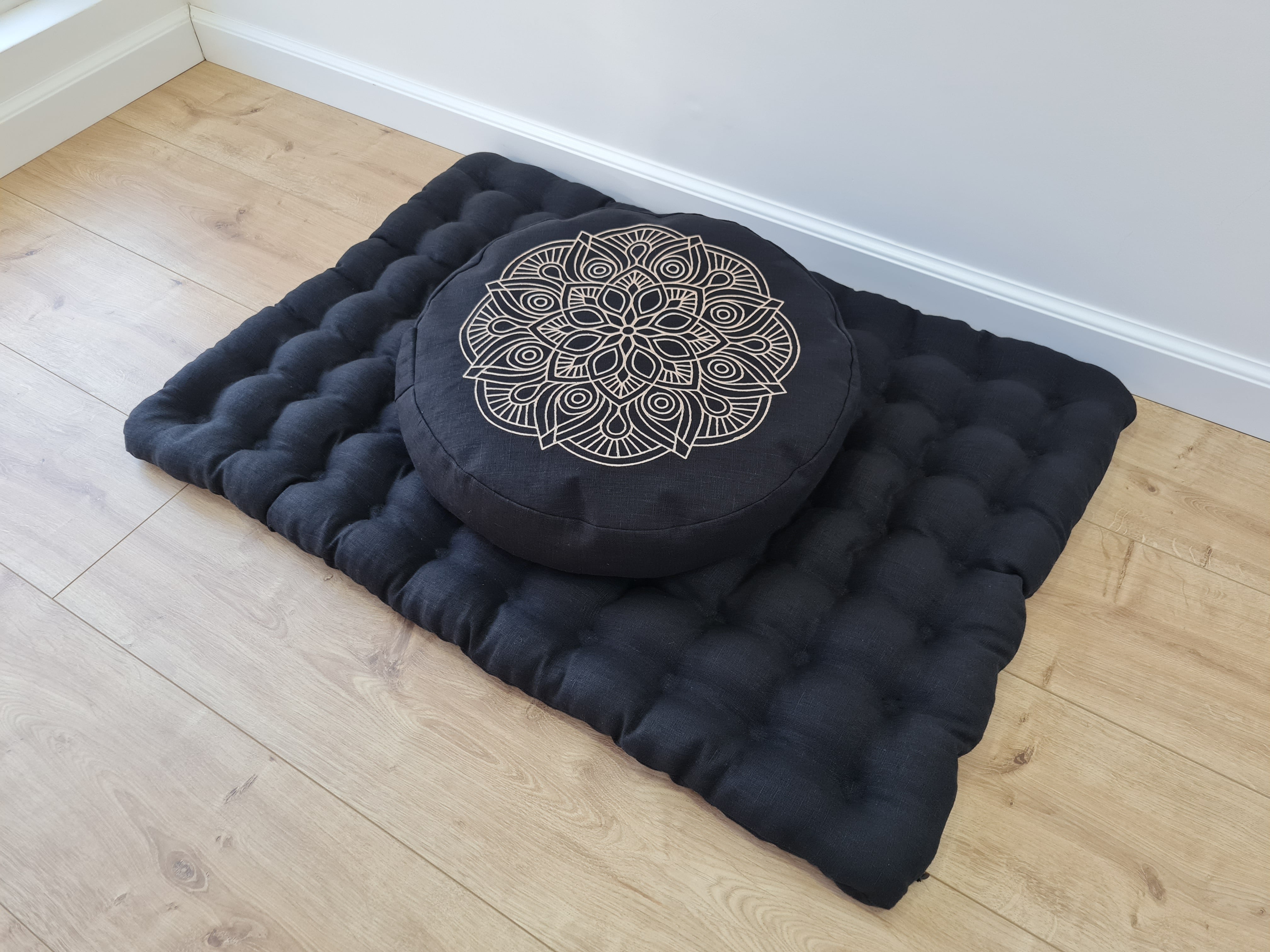 Embroidery Meditation Set Zafu & Zabuton with Buckwheat hulls Mandala Linen Floor cushions Meditation pillow pouf PillowSeat Yoga