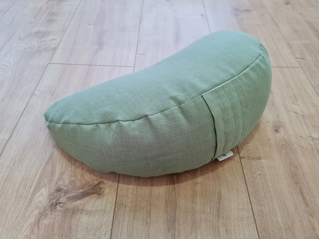 Natural Linen meditation Cresсent cushion Olive filled with buckwheat hulls