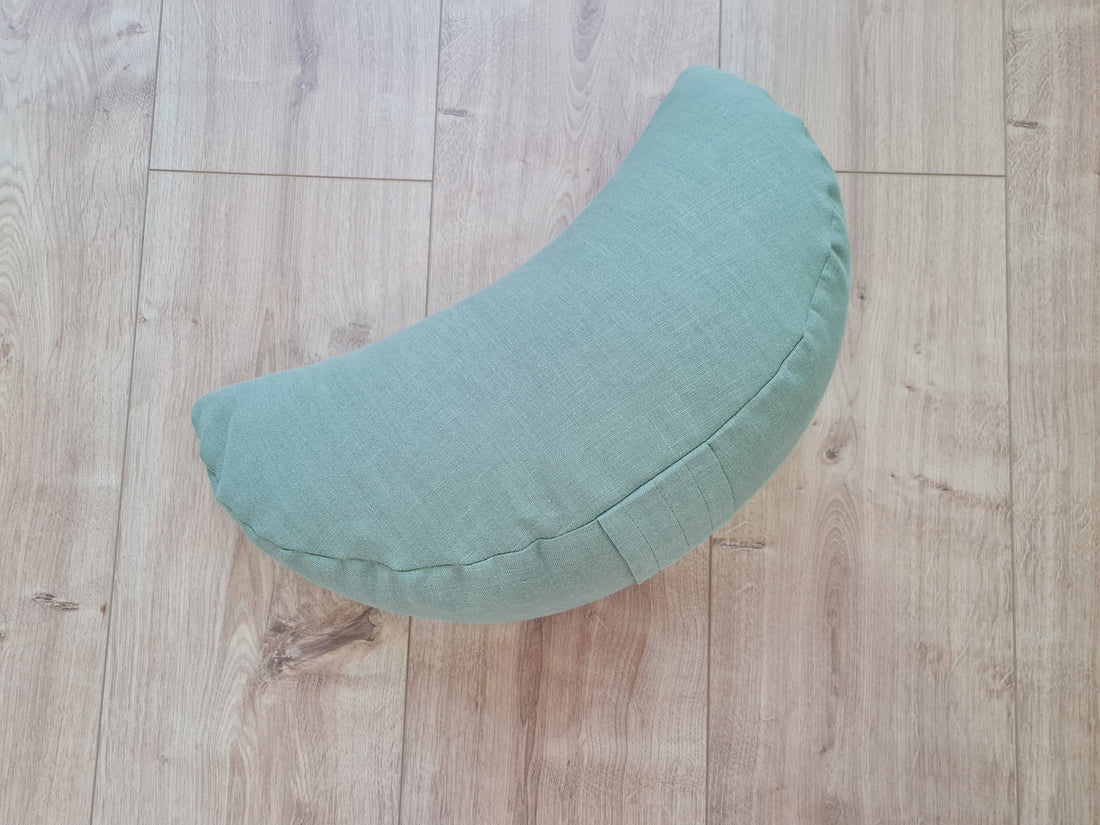 Natural Linen meditation Cresсent cushion Olive filled with buckwheat hulls