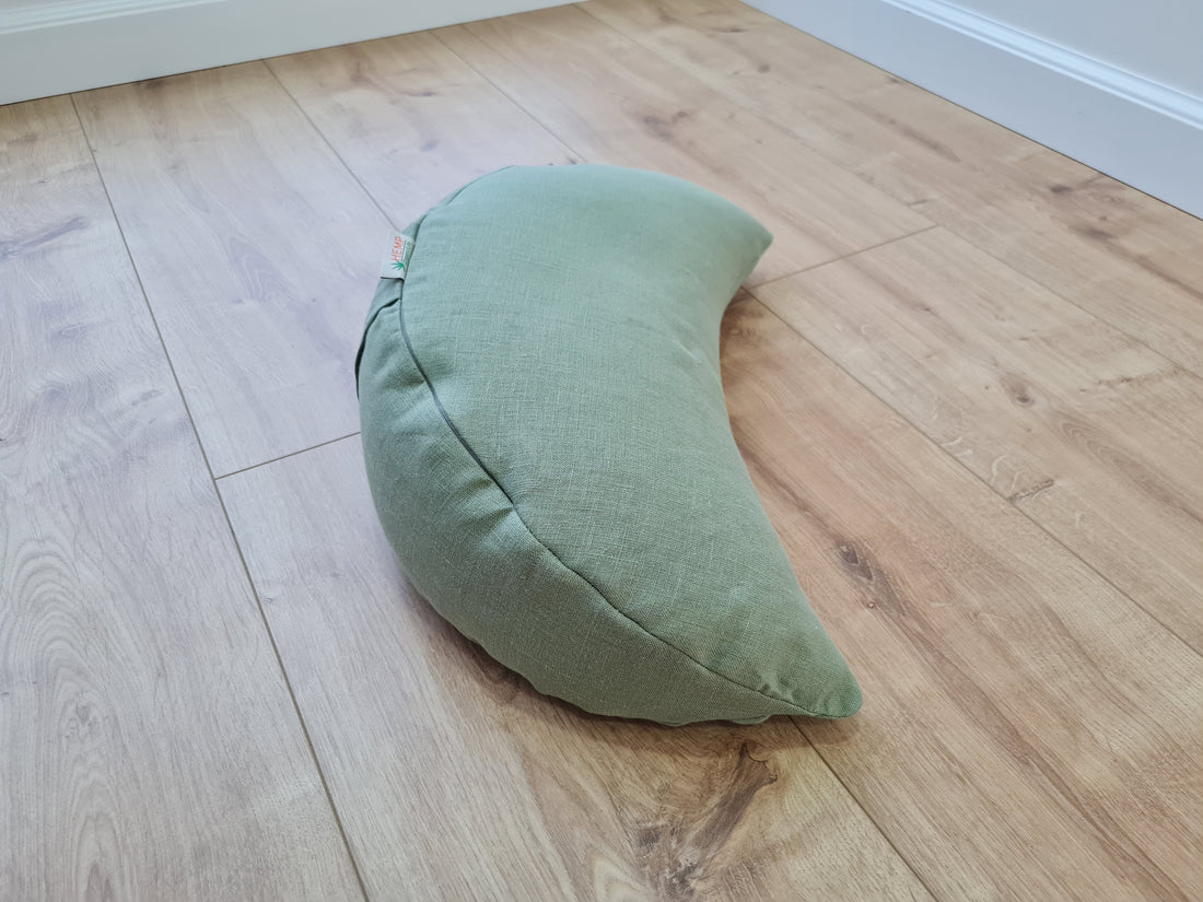 Natural Linen meditation Cresсent cushion Olive filled with buckwheat hulls
