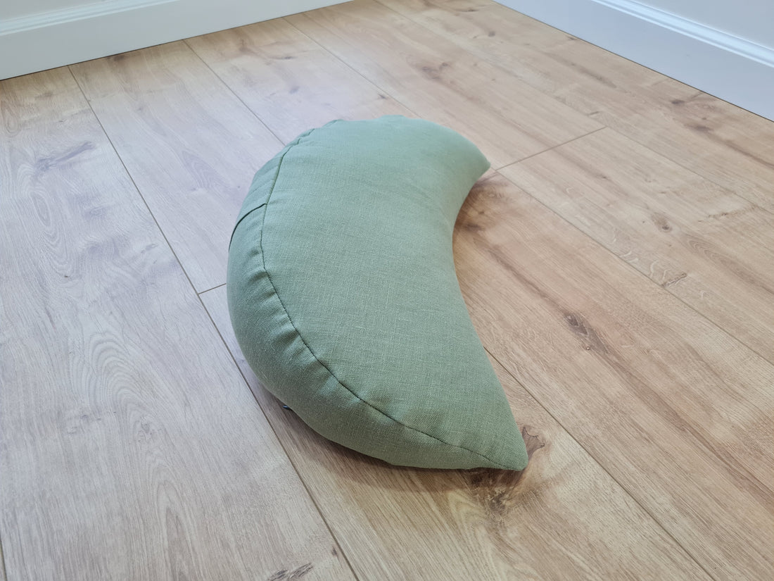 Natural Linen meditation Cresсent cushion Olive filled with buckwheat hulls