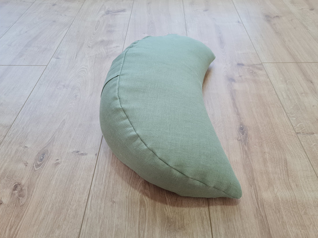 Natural Linen meditation Cresсent cushion Olive filled with buckwheat hulls