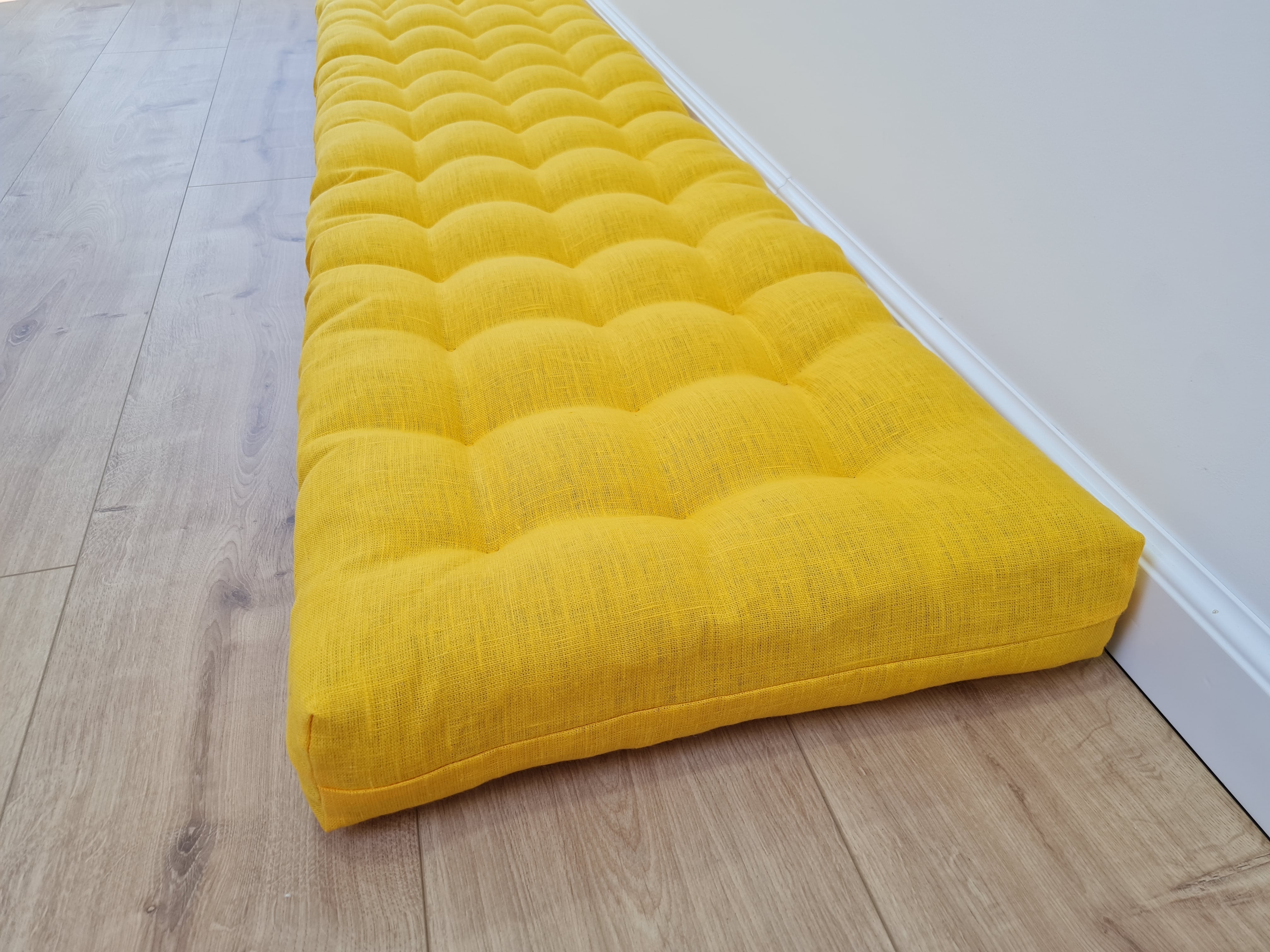 Hemp Linen cushion mat with organic hemp fiber filling in natural bright yellow linen fabric window bench cushion custom made