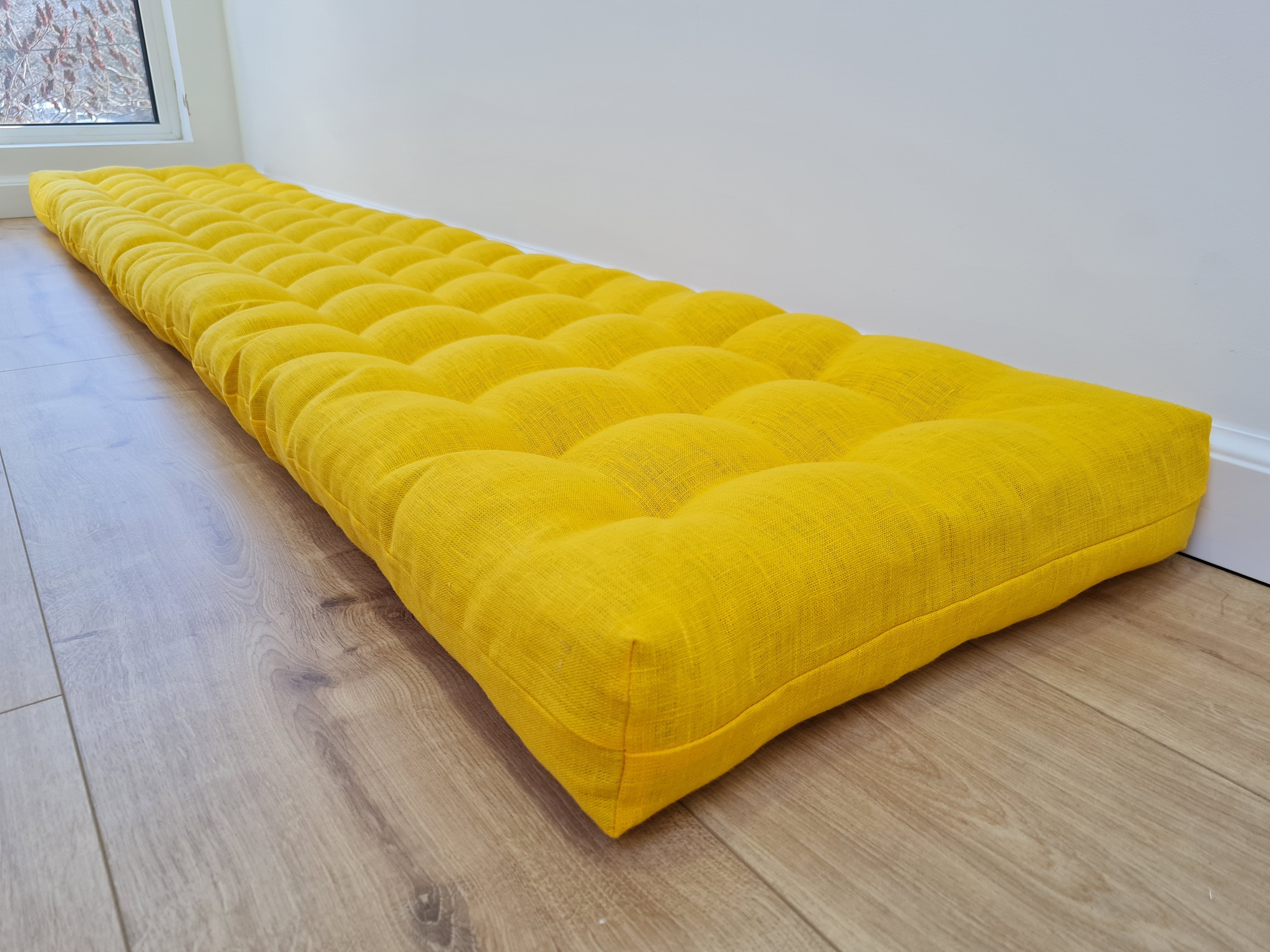 Hemp Linen cushion mat with organic hemp fiber filling in natural bright yellow linen fabric window bench cushion custom made