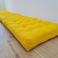 Hemp Linen cushion mat with organic hemp fiber filling in natural bright yellow linen fabric window bench cushion custom made