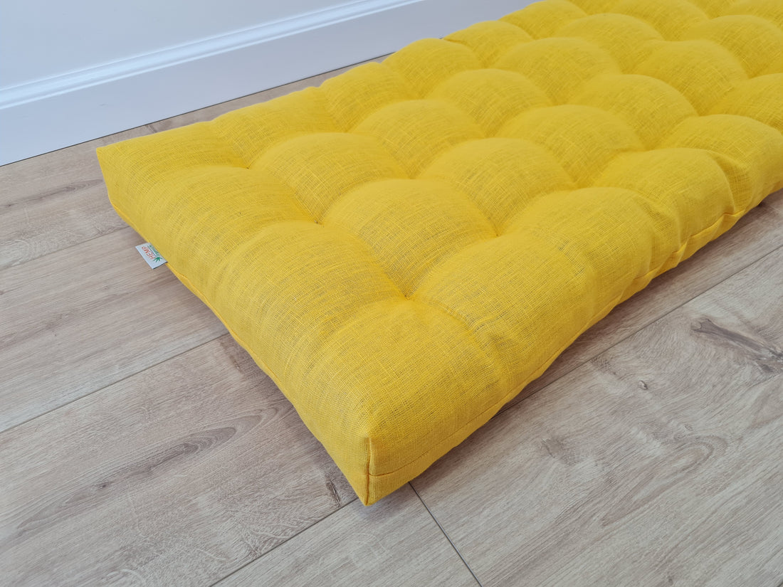 Hemp Linen cushion mat with organic hemp fiber filling in natural bright yellow linen fabric window bench cushion custom made