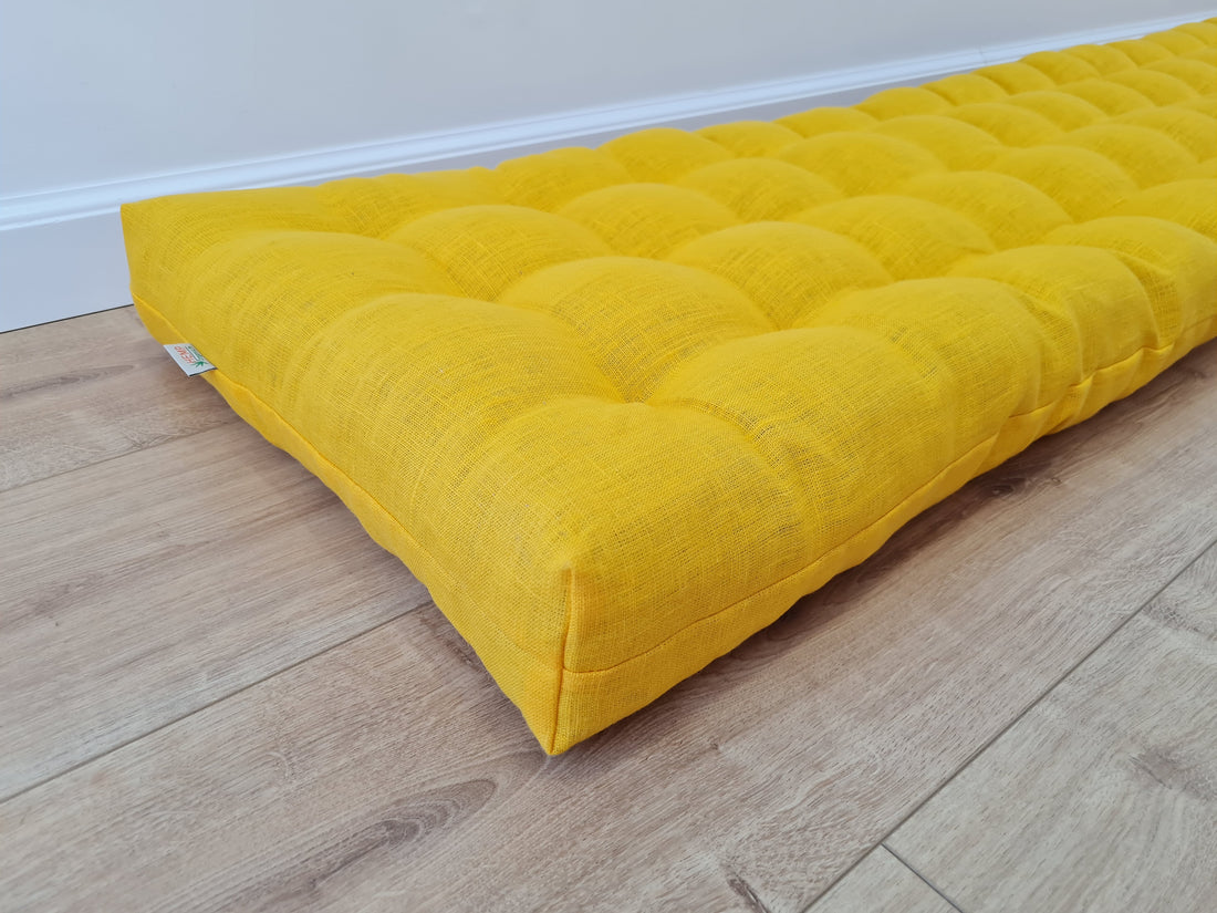 Hemp Linen cushion mat with organic hemp fiber filling in natural bright yellow linen fabric window bench cushion custom made
