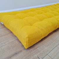 Hemp Linen cushion mat with organic hemp fiber filling in natural bright yellow linen fabric window bench cushion custom made
