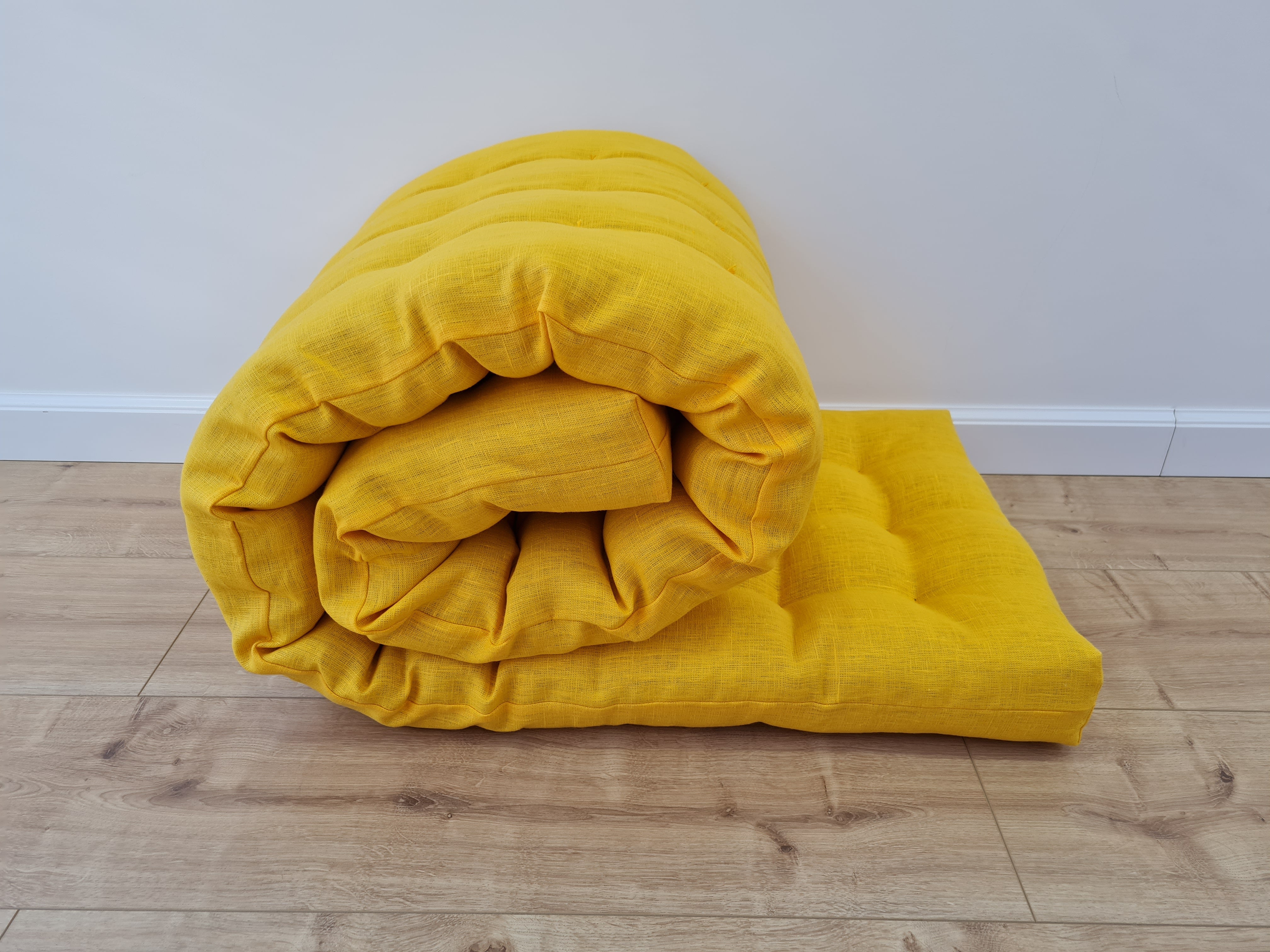 Hemp Linen cushion mat with organic hemp fiber filling in natural bright yellow linen fabric window bench cushion custom made