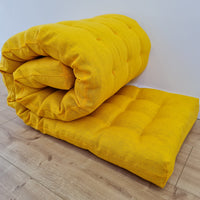 Hemp Linen cushion mat with organic hemp fiber filling in natural bright yellow linen fabric window bench cushion custom made
