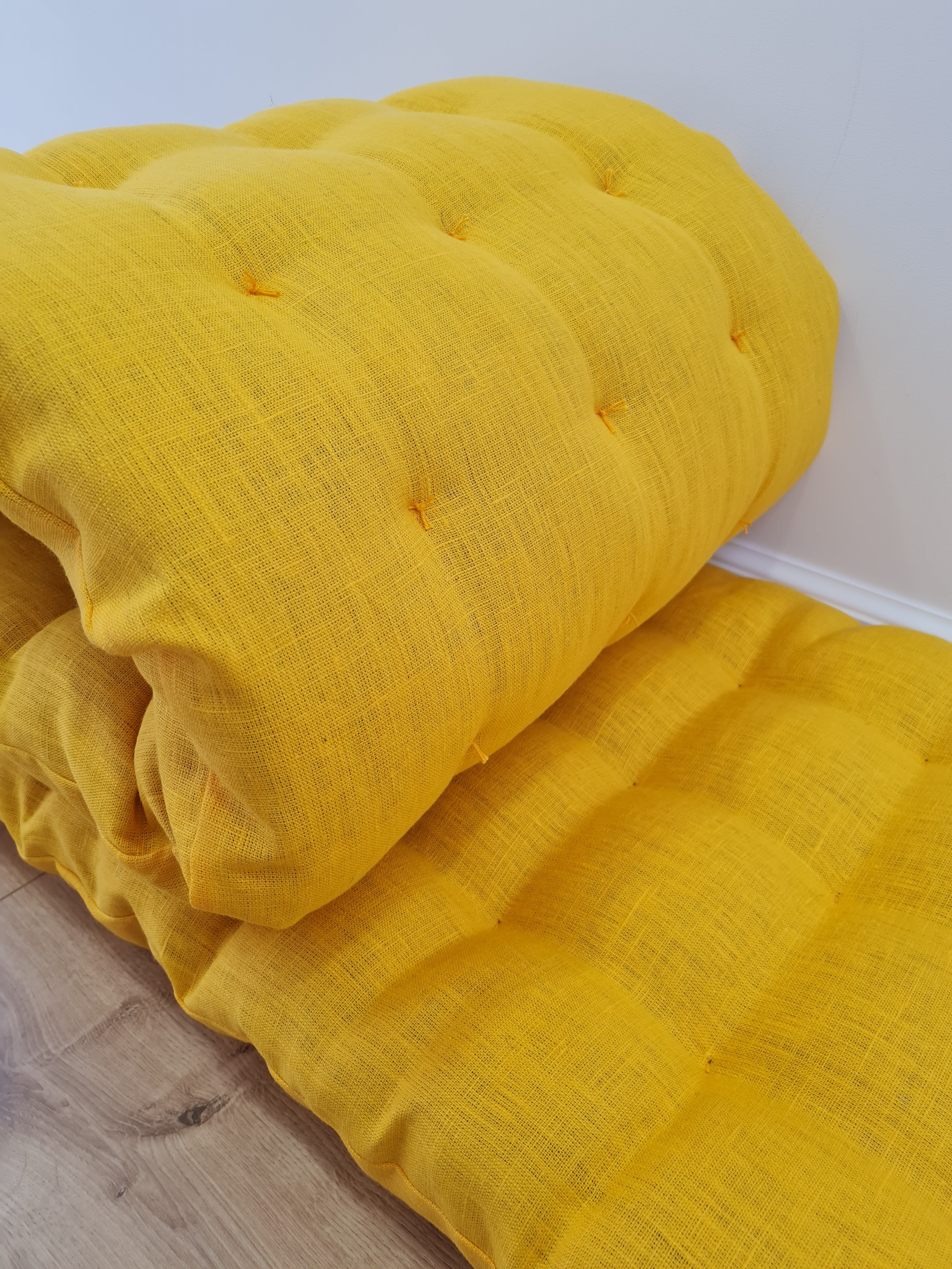Hemp Linen cushion mat with organic hemp fiber filling in natural bright yellow linen fabric window bench cushion custom made