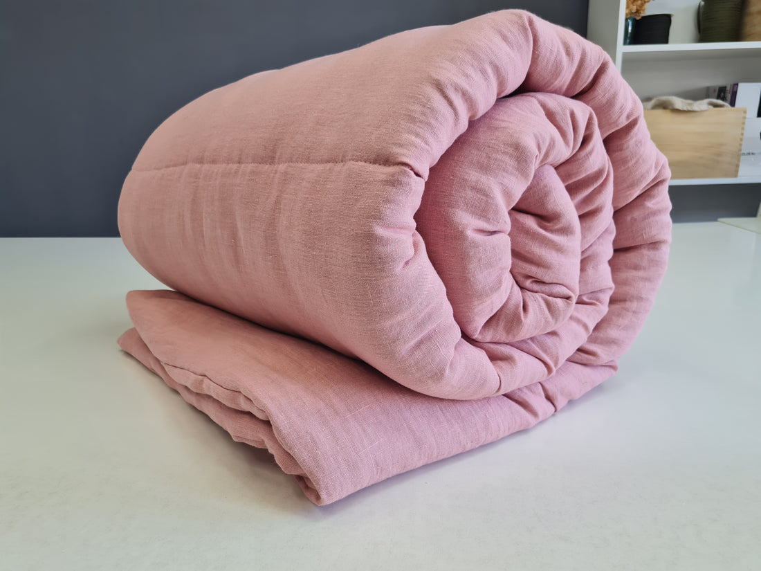 Winter Organic HEMP + FLAX blanket 400 g / m2 in natural coral pink linen fabric with filler created from organic Hemp fiber