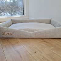 Personalised Dog bed Organic HEMP Pet Bed in natural non-dyed linen fabric filled organic HEMP Fiber with an embroidered custom name