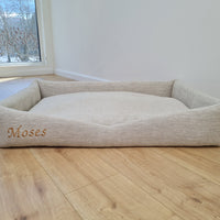 Personalised Dog bed Organic HEMP Pet Bed in natural non-dyed linen fabric filled organic HEMP Fiber with an embroidered custom name