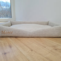 Personalised Dog bed Organic HEMP Pet Bed in natural non-dyed linen fabric filled organic HEMP Fiber with an embroidered custom name