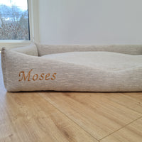 Personalised Dog bed Organic HEMP Pet Bed in natural non-dyed linen fabric filled organic HEMP Fiber with an embroidered custom name