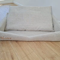 Personalised Dog bed Organic HEMP Pet Bed in natural non-dyed linen fabric filled organic HEMP Fiber with an embroidered custom name