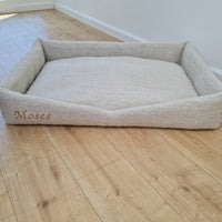 Personalised Dog bed Organic HEMP Pet Bed in natural non-dyed linen fabric filled organic HEMP Fiber with an embroidered custom name