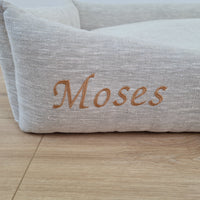 Personalised Dog bed Organic HEMP Pet Bed in natural non-dyed linen fabric filled organic HEMP Fiber with an embroidered custom name
