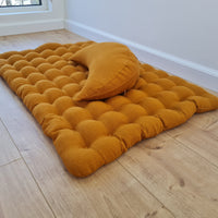 Set of linen meditation mustard Cresсent cushion + mat floor cushion 23" x 35" filled with buckwheat hulls